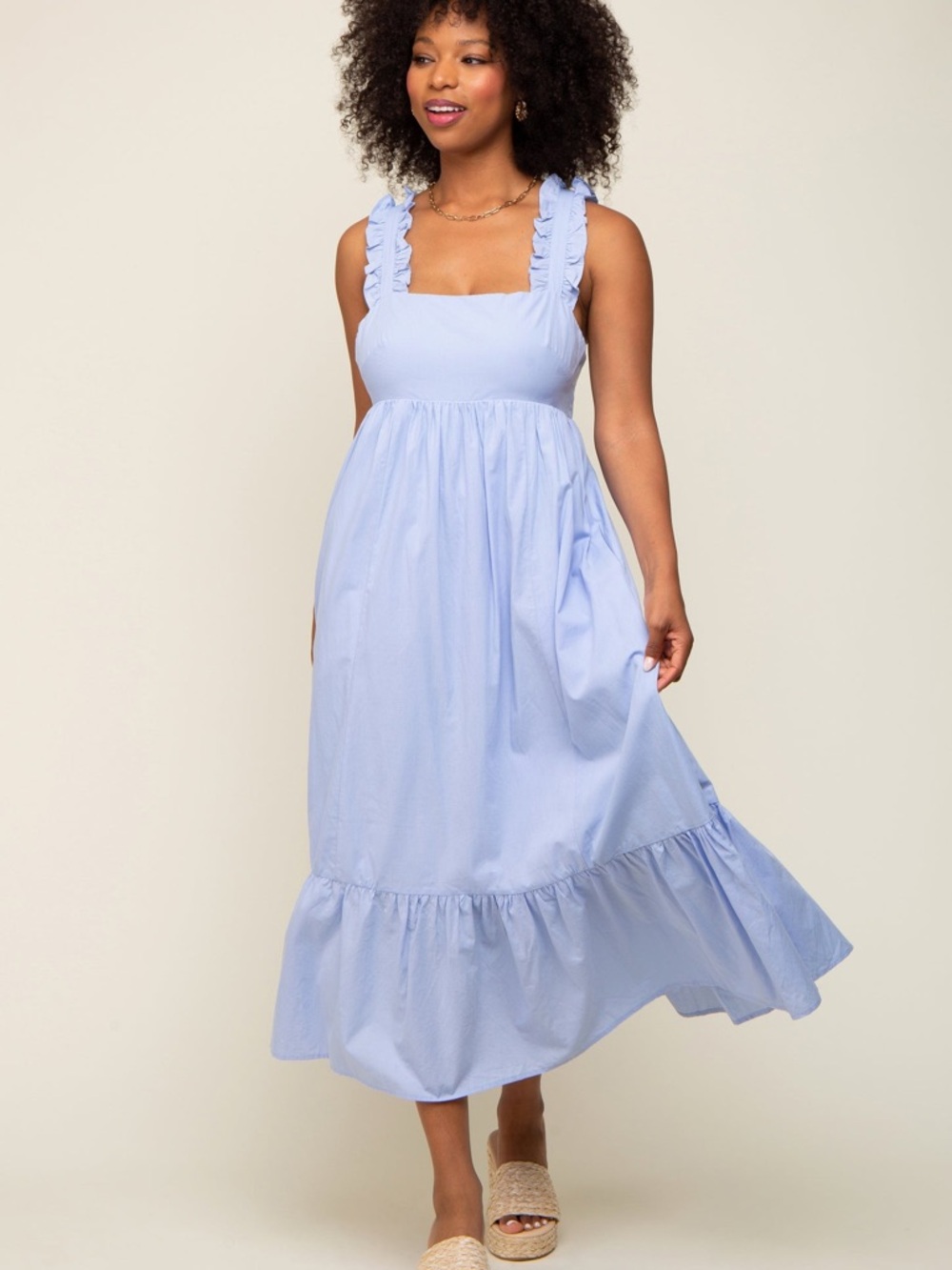 Light Blue Ruffle Strap Tie-Front Sundress perfect for Maternity or Baby Shower